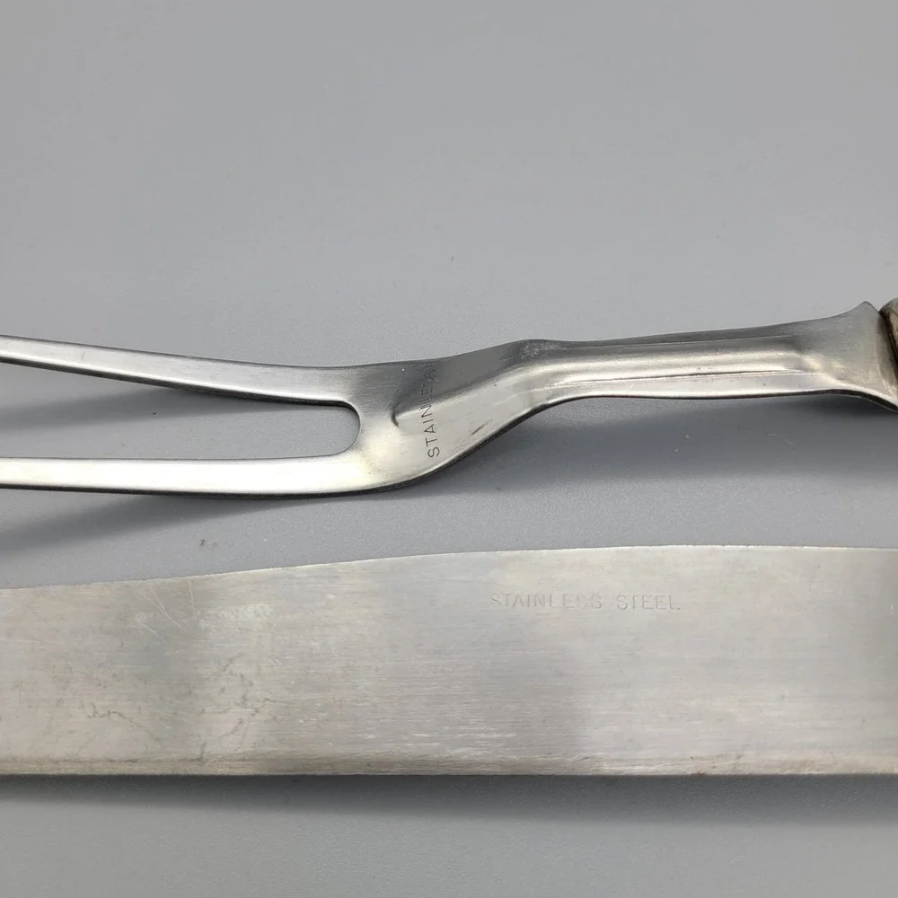Vintage Stainless Steel‎ Carving Set 2pc Knife and Fork Yellow Fluted Handles